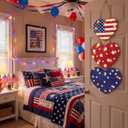 Barydat 3 Pcs Red White Blue Patriotic Wooden Door Sign 4th of July Lighted Heart Glitter 250th Anniversary Patriotic Wall Hanging Decor Plaque with LED Light for USA Independence Day Front Door Porch