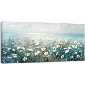 Coastal Daisy Floral Large Wall Art Rustic Wildflower Wall Decor Teal Blue Flower Field Beach Pictures Canvas Prints Painting Artwork Home Decoration for Restroom Bedroom Living Room 30"x60"