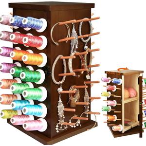Wooden 84 Spools Thread Rack/Thread Holder Organizer with Inner Storage Compartments, 360 Fully Rotating Thread Storage Organizer for Sewing, Embroidery, Hair-braiding and Jewelry (Brown)