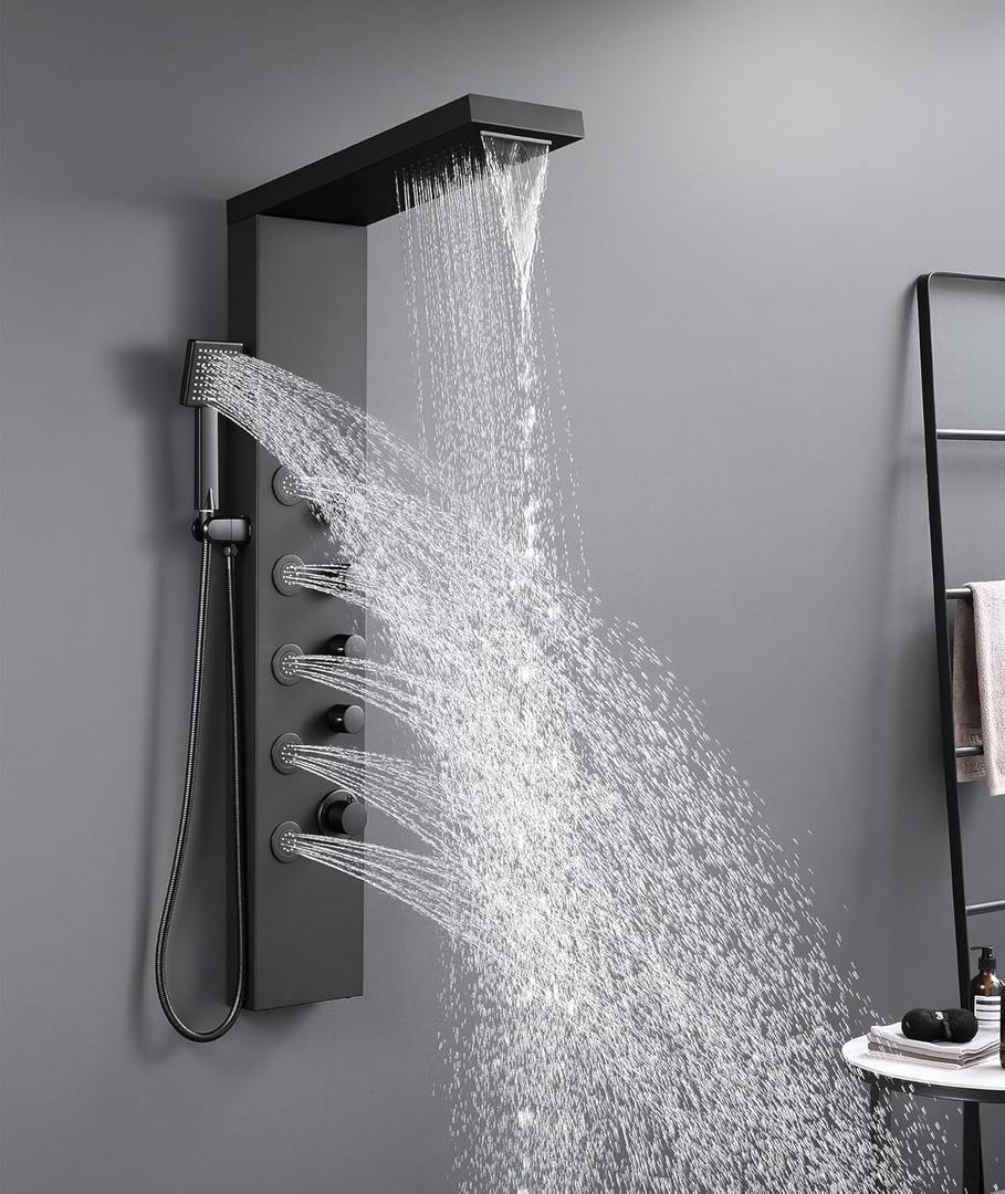ROVATE Shower Panel Tower with Rainfall Waterfall Shower Head, Elegant Matte Black 4-in-1 Shower Tower Syetem with Jets and Handheld, Stainless Steel Shower Column High Pressure
