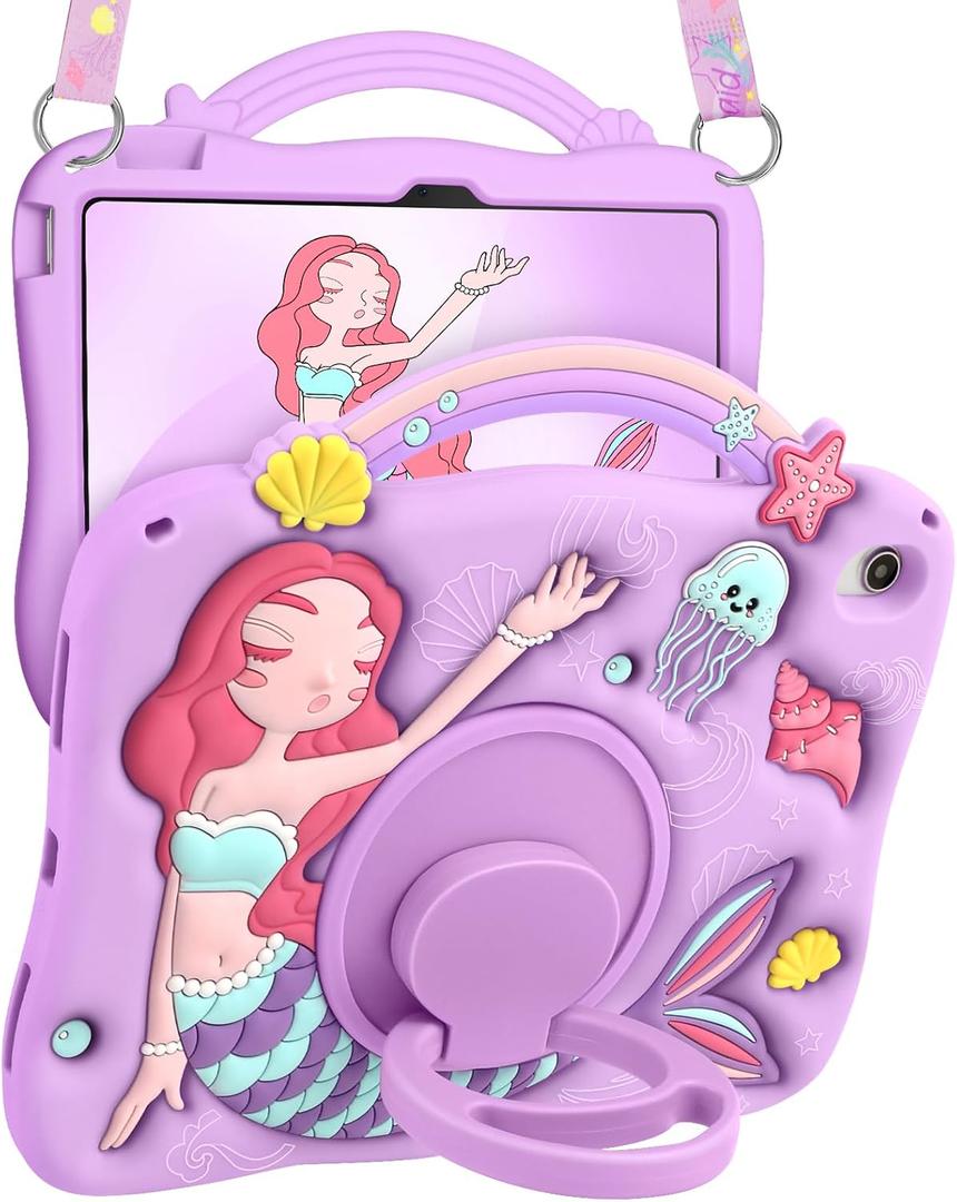 Boaretiu for iPad A16 Case/10th Generation Case - Girls Teens Cute Cartoon Purple Mermaids 10.9 Inch 2022 Tablet Cover with Strap & Rotating Stand Soft 3D Silicone Funda for iPad 11th 11 Inch 2025,Purple, for iPad 10th/for iPad A16 11th Gen