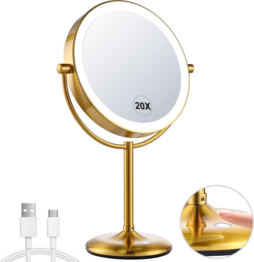 9" Rechargeable Gold Lighted Makeup Mirror with Magnification 20X/1X, Magnifying Mirror with Base Charging and Switch, Makeup Vanity Mirror with 3 Color Dimmable Lights for Dresser, Bathroom