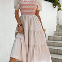 SHEIN LUNE Geo Print Shirred Ruffle Hem Dress Maxi Women Outfit, SIZE M
