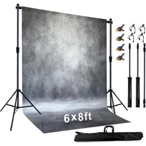 2-in-1 Portable Photo Backdrop Kit with 6x8ft Abstract Background - Includes 6.5x6.5 ft Adjustable Stand, 8 Clamps & Storage Bag(Grey,6x8ft)