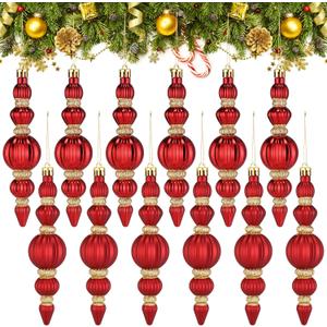 Soulchen 12 Pcs Christmas Finial Ornaments 6.7 Inch Shatterproof Plastic Finial Ball Drop Ornaments Christmas Tree Hanging Decorations for Holiday Xmas Decor(Red)