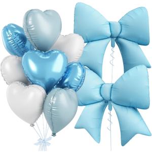 Blue White Heart Balloons, Blue Bow Balloons, 10 Pcs 18 Inch Heart Shaped Balloon and 38 Inch Helium Bow Foil Balloon for Baby Shower Birthday Party Wedding Bridal Engagement Anniversary Party Decor