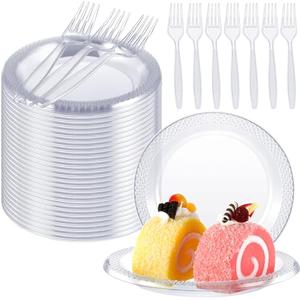 Hushee 400 Pcs Clear Plastic Dessert Plates 6'' with Forks 7'' for Cake Appetizer, 200 Small Disposable Plates and 200 Plastic Forks, Serve 200 Guests for Wedding Birthday Party Bulk