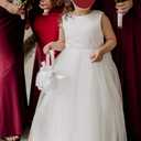 MCieloLuna Flower Girls Satin Tulle Princess Pageant Dress for Wedding Kids Pearls Prom Ball Gowns with Bow-Knot (2, White)