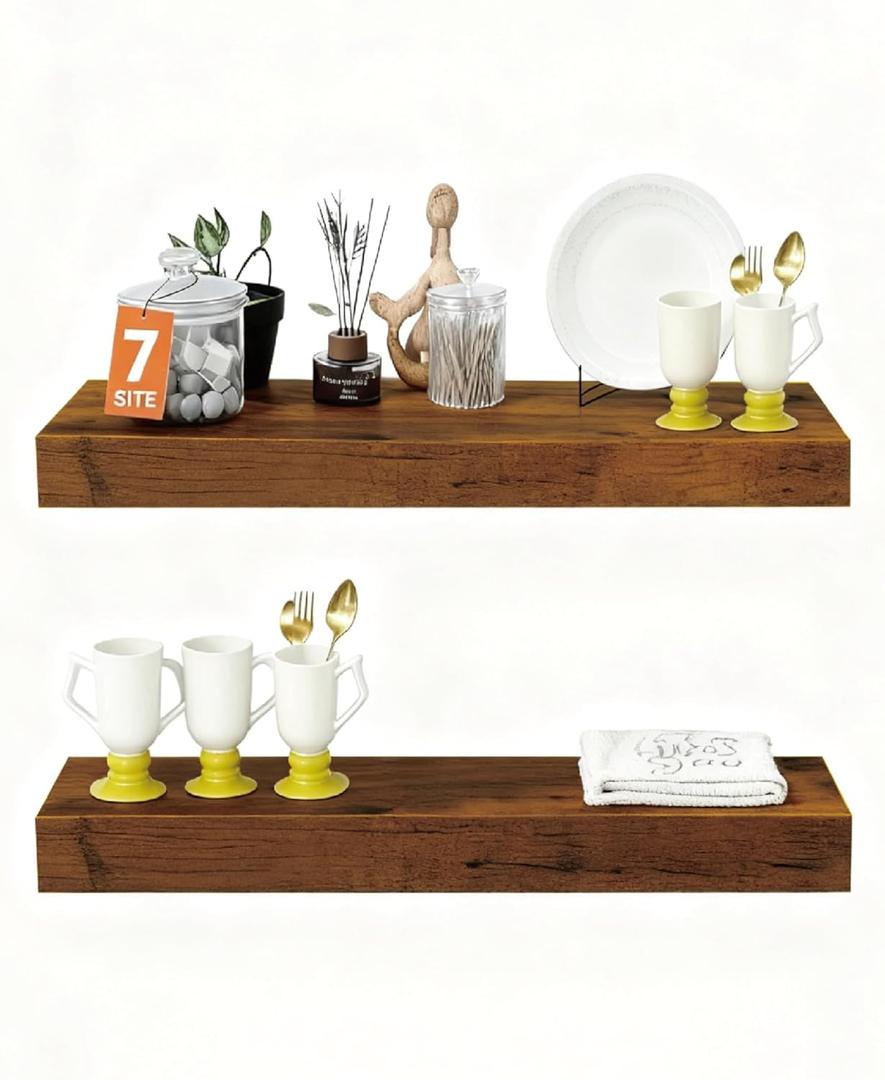 Solid Wood Floating Shelves,15in Finished Real Wood Wall Shelves with Heavy-Duty Hidden Bracket, Easy Installation, Set of 2, 15in x 7.1in x 1.5in, for Living Room Bedroom Kitchen,Bronze