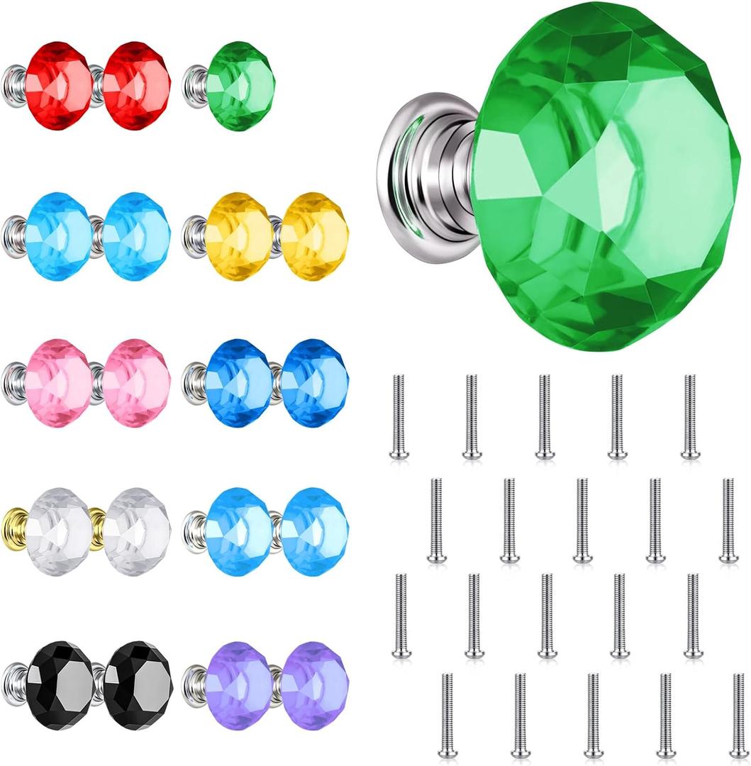 20 Pack Drawer Knobs Multicolored Included 10 Color, 30mm Colorful Crystal Glass Cabinet Dresser Pulls Diamond Shape Cupboard Wardrobe Knob with Screw for Kitchen Bathroom Office Plant DIY, Multicolor Classic 20Pack