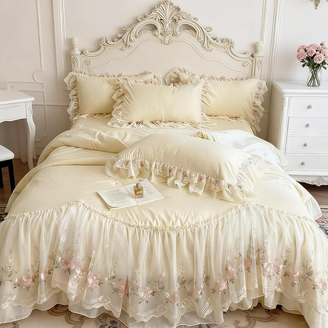 French Chic Bedding Set 4-Piece - Romantic Lace Trim Washed Cotton, Duvet Cover with Bed Skirt & Pillowcases for Queen Bed, Princess Style (Comforter Not Included) (Yellow,Queen (U.S. Standard))