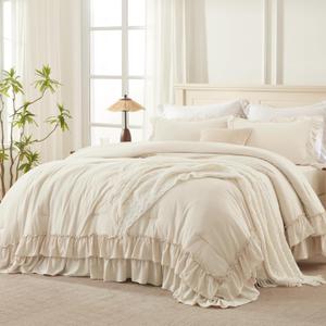 Andency Beige California King Comforter Set, 3 Pieces Farmhouse Shabby Chic Bedding Comforter Sets, Lightweight Fluffy Soft Microfiber All Season Bed Set(104x96In Comforter)