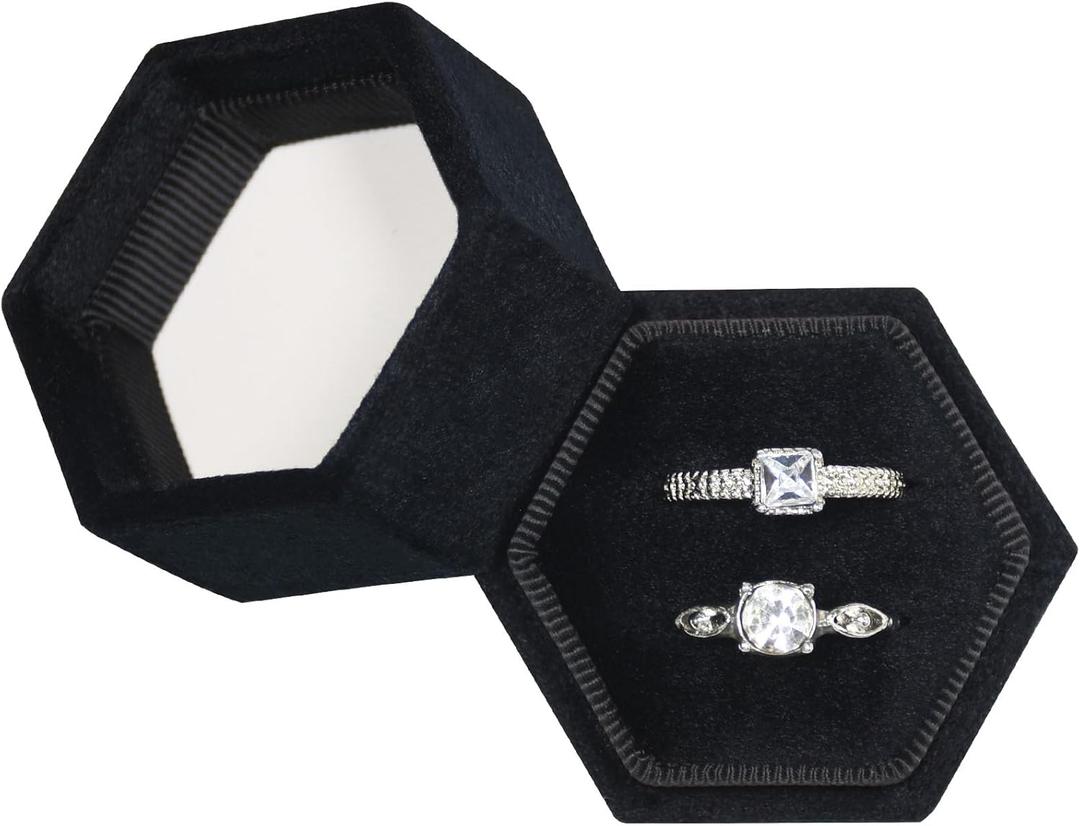 Velvet Ring Box, 2 Slots Hexagon Jewelry Ring Gift Box Vintage Ring Display Holder Case for Wedding Ceremony Proposal Engagement (Black)