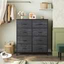 Sweetcrispy 8 Drawer Fabric Dresser for Bedroom, Tall Dresser, Black Wood, 11.8"D x 30.9"W x 36.4"H