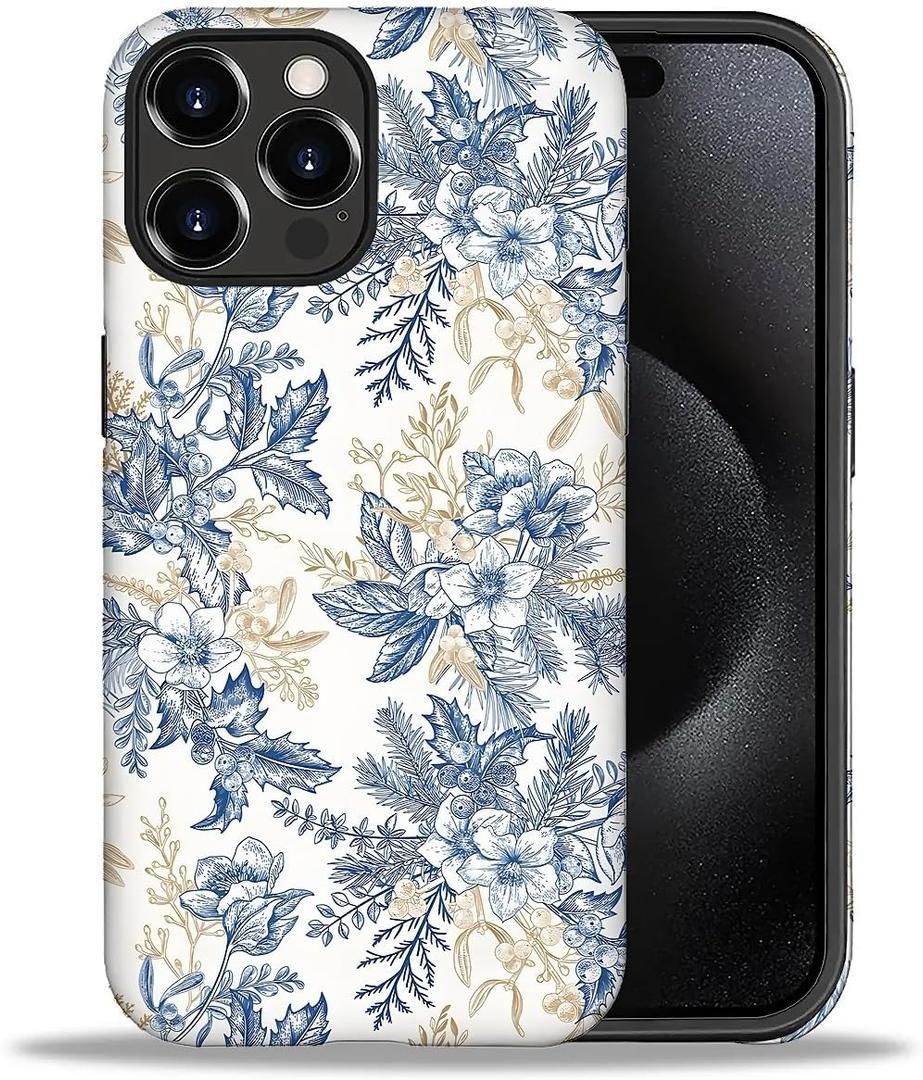 Case Compatible with iPhone 15 Pro,Double Layer Protection, Matte Finish, Anti-Drop and Anti-Fingerprint Armor -Floral Wind Blue line Floral Print