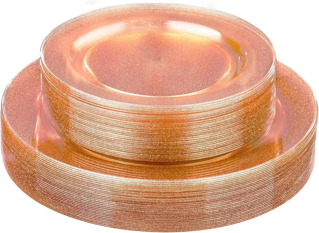 Homy Feel 60PCS Rose Gold Glitter Plastic Plates -Include 30 Dinner & 30 Dessert Plate for New Year Christmas Birthday Wedding Party