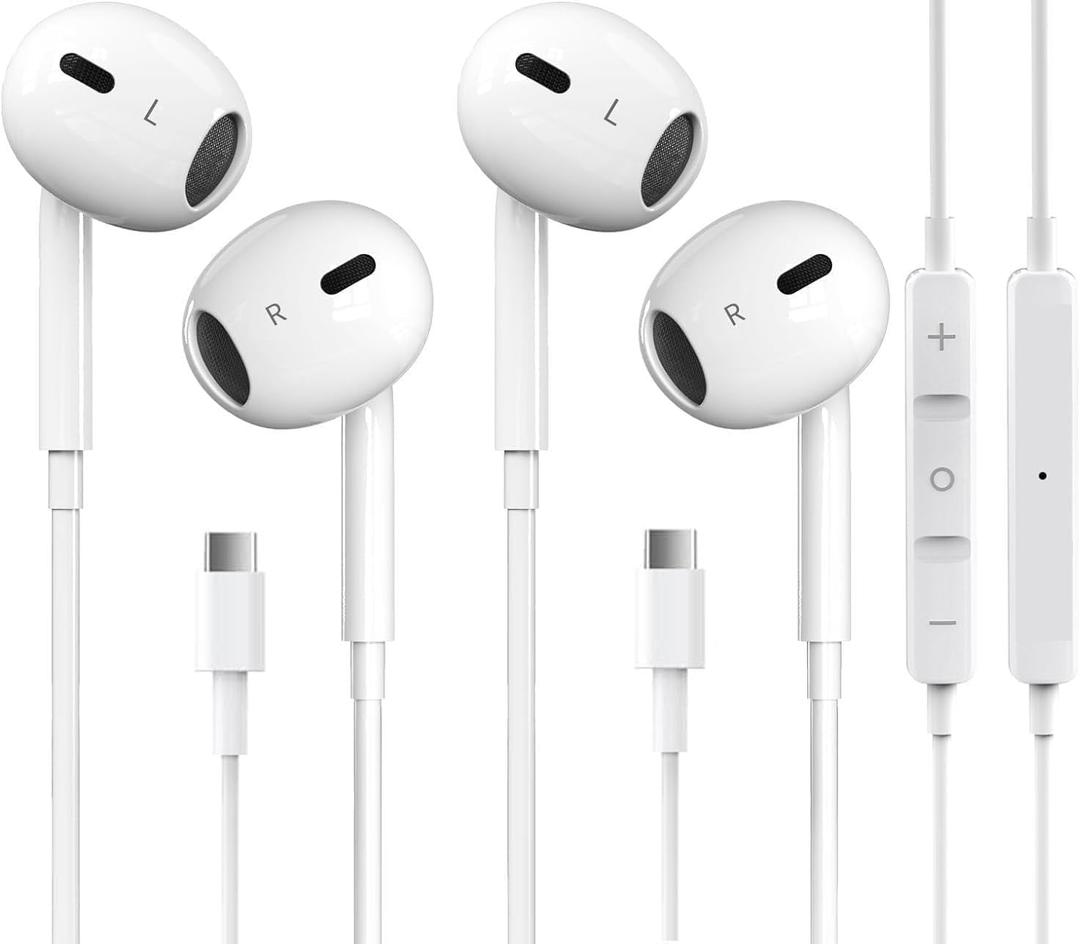 2 Packs USB C Headphones for iPhone 17/16/15 Earbuds with Microphone & Volume Control HiFi Stereo Type C Earphones for Galaxy S23/S22/S21/S20/Ultra Note 10/20, for iPad Pro Pixel 7/6/6a/ OnePlus 9 (White)
