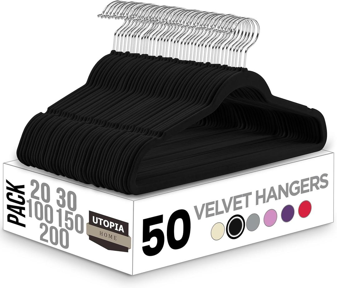 Utopia Home Velvet Hangers 50 Pack - Non-Slip Suit Hangers with 360 Degree Rotatable Hook - for Pants, Coats, Shirts & More (Black)