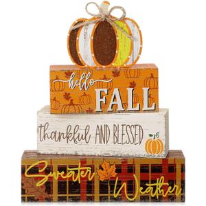 Geelin 4 Pcs Thanksgiving Decorations Fall Wooden Sign Pumpkin Tiered Tray Decor Hello Fall Table Centerpiece Wood Blocks Table Top Sign for Home