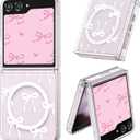 UEEBAI Magnetic for Samsung Galaxy Z Flip 5/6 5G Case, Bow Case Compatible with MagSafe, Wireless Slim Clear Ribbon Aesthetic Cover Anti-Yellowing Shockproof Protective Cover for Women Girl - White