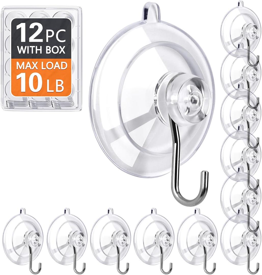2 x KORCCI Suction Cup Hooks 12Pack - Max Load 10LB, 1.77Inch Clear Medium Suction Cups, No Trace, Reusable & Removable, Stainless Steel Hooks, for Tile, Glass, Window, Shower, Kitchen, Bathroom