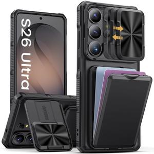 SSLOTSCASE for Samsung Galaxy S26 Ultra Case with Card Holder & Kickstand & Slide Camera Lens Cover & Camera Stand & Wallet, Military-Grade Drop Protection Phone Case Cover for S26 Ultra 2026, Black