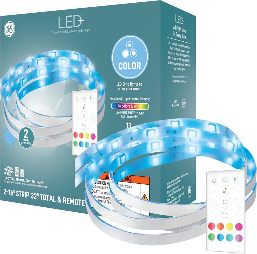 GE LED+ Color Changing LED Light Strip with Remote, 13W, Music Syncing Strip Light, 32ft