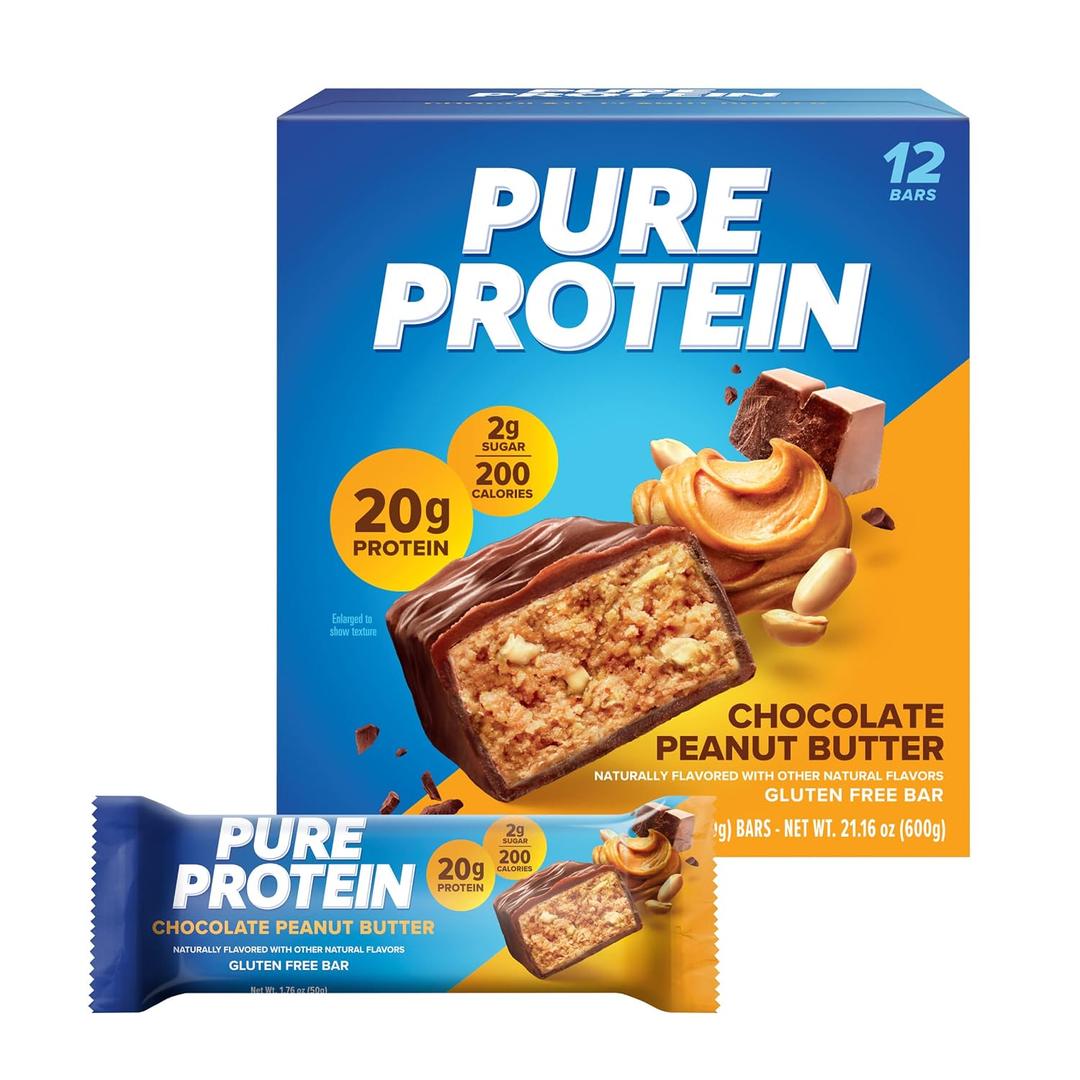 Pure Protein Chocolate Peanut Butter Protein Bars 20g Protein, 3g Sugar, 190 Calories (12 count) Low Sugar* High Protein Snack - Gluten Free - Perfect for a Healthy Snack (EXP 05/06/27)
