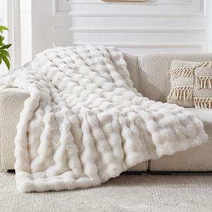 Faux Fur Throw Blanket for Couch, Cozy Fuzzy Fluffy Soft Plush Thick Bubble Sherpa Blanket for Sofa Bedroom Living Room, Mothers Day Birthday Gifts for Women Home Decor (50*60, Ivory)