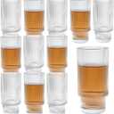 XKXKKE 12 oz Ribbed Drinking Glasses Set of 12, Clear Vintage Iced Coffee Cups Elegant Glassware, Highball Glass Cups Ridged Glass Tumbler for Cocktail, Whiskey, Beer, Water, Juice, Origami Style (Transparent)