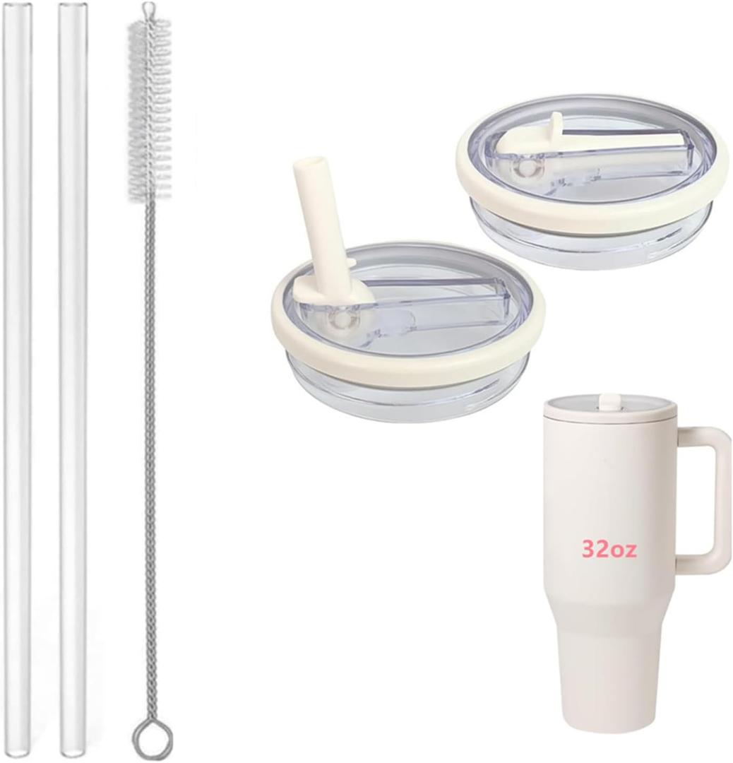 32 oz Tumbler Flip Straw Lid Replacement Fit for Hydro Jug Only, 2 Pack Leak Proof for Hydro Jug Lid Replacement Spill Proof Reusable Tumbler Cover Compatible with 32oz Cup Accessories (Cream)