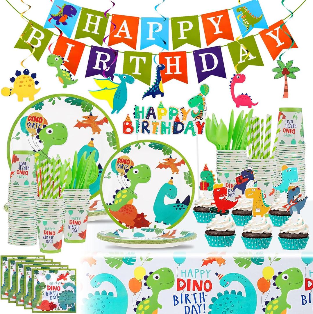 Tessco 193 Pcs Dinosaur Birthday Party Supplies Includes Plates Cups Napkins Banner Knives Fork Spoon Tablecloth Cupcake Toppers Straw Swirls for Boys Dino Birthday Party Decoration, Serves 20 Guests