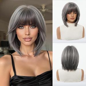 Ombre Grey Highlight Short Bob Wig with Bangs for Women Synthetic Shoulder Length Synthetic Layered Wig for Daily Party Use