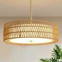 Rattan Chandelier Chandeliers for Dining Room, Boho Chandelier with Fabric Shade, Coastal Hand Woven Pendant Light Fixture for Kitchen Island Entryway Foyer Living Room Bedroom UL Listed