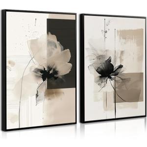 Modern Abstract Floral Wall Art Minimalist Neutral Canvas Painting Decor Beige Cream And Black Wall Art Contemporary Flower Picture Prints for Living Room Bedroom 16x24 Inch Unframed Set of 2 (Ink Wash Flower Prints)