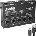 Moukey Mini Audio Mixer, DC 5V, 4 Stereo Ultra, Low Noise 4 Channel Line Mixer for Sub-Mixing, for Small Clubs or Bars, As Guitars, Bass, Keyboards Mixer, MAMX1