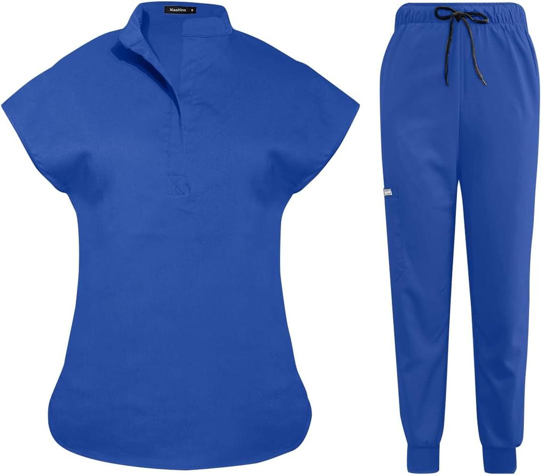 niaahinn Scrubs Set for Women Nurse Uniform Jogger Suit Stretch Top & Pants with Multi Pocket for Nurse Esthetician Workwear (Medium, Royal Blue)