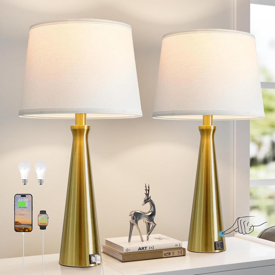 Seealle Modern Table Lamps Set of 2 - Touch Bedside Lamps for Nightstand with Dual USB C+A,3-Way Dimmable Gold Nightstand Lamps for Living Room Bedroom (Bulb Included)
