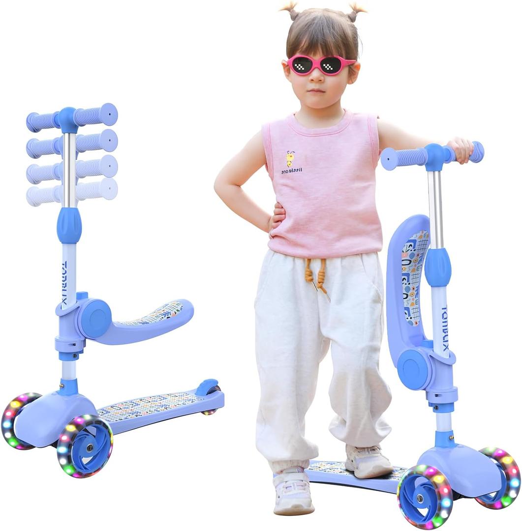 TONBUX Kids Scooter with Seat, 3 Wheels Scooter with PU Luminous Wheels, Non-Slip Handle and Wide Deck, Sensitive Brakes, 4-Level Adjustable Height, Scooters for Kids 28 Years (Blue)