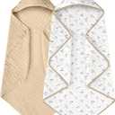Yoofoss Hooded Baby Towels for Newborn 2 Pack 100% Muslin Organic Cotton Baby Bath Towel with Hood for Babies, Infant, Toddler and Kids, 32x32Inch, Soft and Absorbent Newborn Essential, Beige Floral