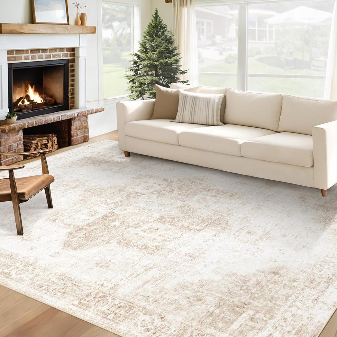 Area Rug 6x9 Washable Rug, Vintage Boho Medallion Rugs Non-Slip Soft Low Pile Large Distressed Rug Indoor Retro Carpet for Living Room Bedroom Dining Room Home Office (Beige, 6'x9')