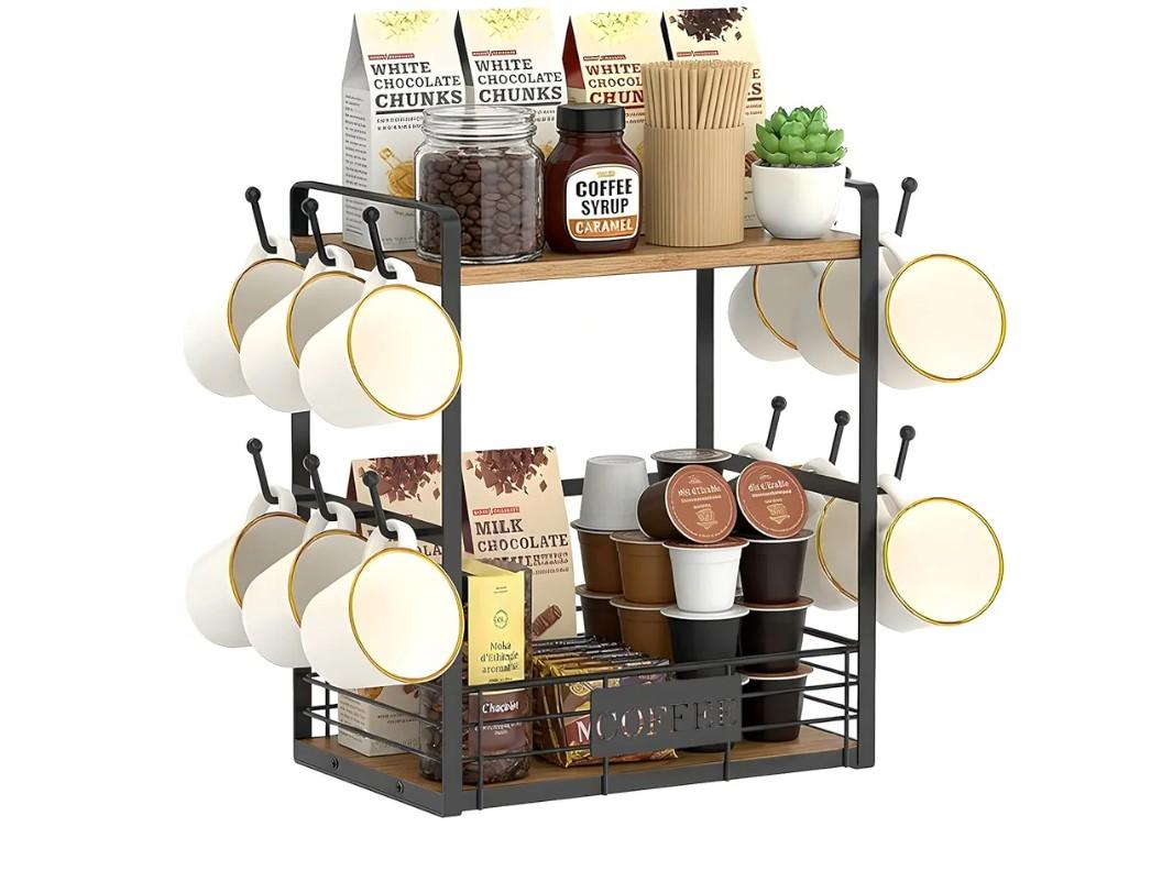 Coffee Mug Rack with 12 Hooks, 2-Tier Coffee Cup Holder with Shelf and Storage Basket, Kitchen Mug Organizer for Bar Kitchen Déco