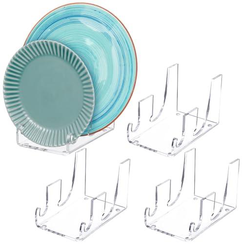 Yoande 4 Pcs 2 Tier Plate Dinnerware Display Stand Acrylic Clear Plate Stand China Platters Holder Setting Racks for Kitchenware Display Cabinet Organizer