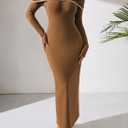 HUUSA Off The Shoulder Dress for Women 2025 Long Sleeve Bodycon Sexy Party Maxi Color Block Dresses (Brown, L)