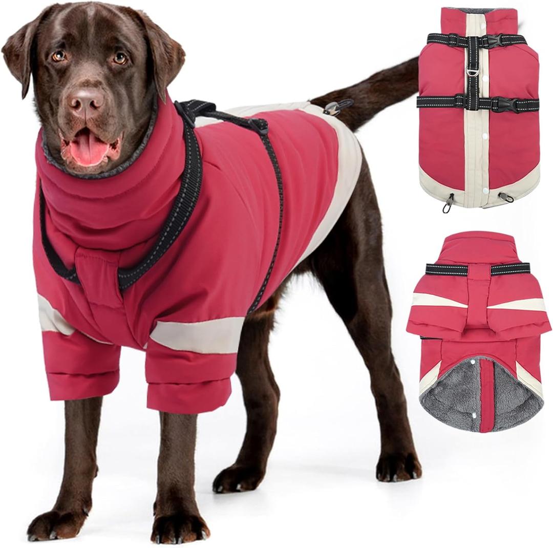 MIGOHI Rainproof Dog Winter Jacket with Harness,XXL Large Fleece Dog Coat with Sleeves,Adjustable Pet Puffer Jacket Snowsuit Cold Weather Coats for Golden Labrador Retriever,XXL,Pink (2XL(Chest:35.4"))