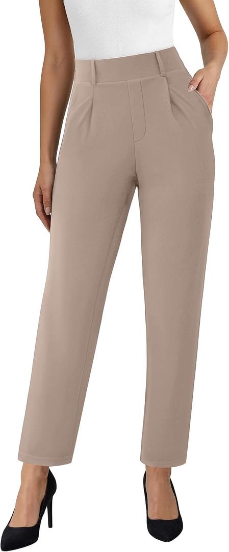 Straight Leg Womens Dress Pants, Stretchy Work Office Pants Pull on Business Casual Slacks with Pockets (Brown, L)