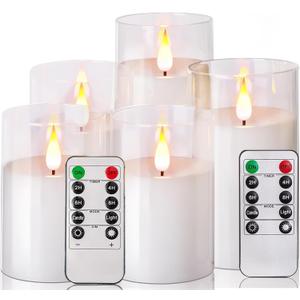 NICEME Pure White Flickering Flameless Candles, Battery Operated Acrylic LED Pillar Candles with Remote Control and Timer, Set of 5 (Ivory + Clear Acrylic)