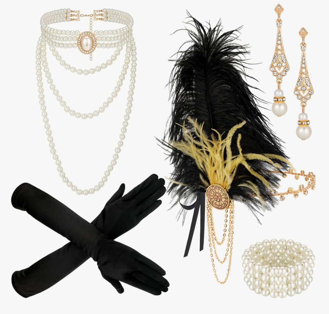 Maitys 1920s Accessories Set for Women Flapper Costume Feather Headband Necklace Bracelet Earrings