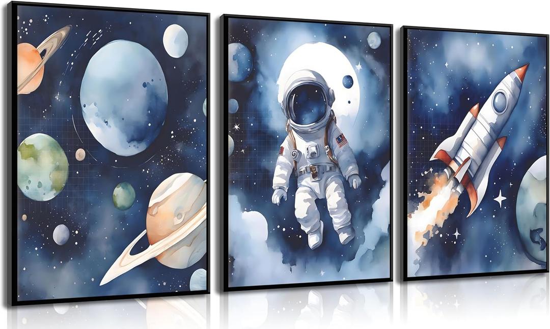3Pcs Nursery Astronaut Wall Art Kids Space Planets Theme Canvas Painting Rocket Spaceman Wall Decor Explore Dream Galaxy Poster Prints Funny Outer Space Picture for Boys child Bedroom Living Unframed (Blue)