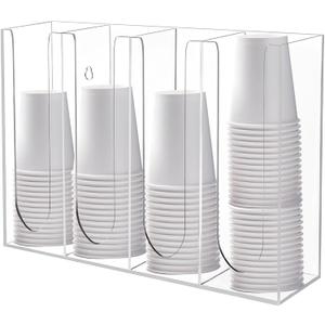 Varku 4-Compartment Acrylic Coffee Cup Dispenser and Holder, Wall-Mounted or Counter, Clear Sauce Cup Storage for Kitchen, Bar